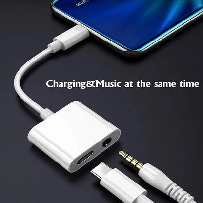 2-in-1 USB-C to 3.5mm Audio Adapter — Dual Type-C Jack Charging & Aux Cable for Samsung, Xiaomi Wired Earphones