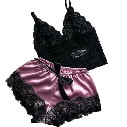Women's Lace Babydoll Sleepwear Set - V-Neck Sleeveless Lingerie Top & Shorts