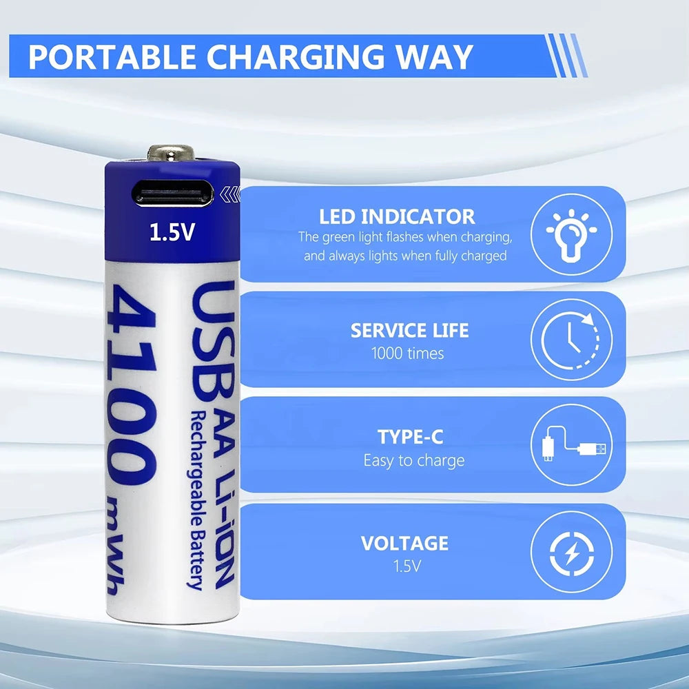 MATOV 1.5V 4100mWh AA Rechargeable Battery – USB Type-C Li-ion Battery for Remote Control, Smart Door Locks & Toys