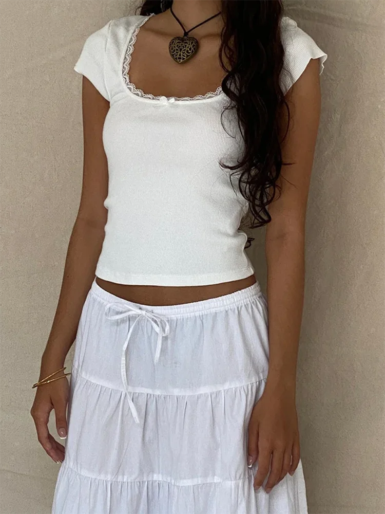 Y2K Vintage Lace Trim Baby Tee - Cottage Style Square Neck Knitted Crop Top for Women Summer Fashion