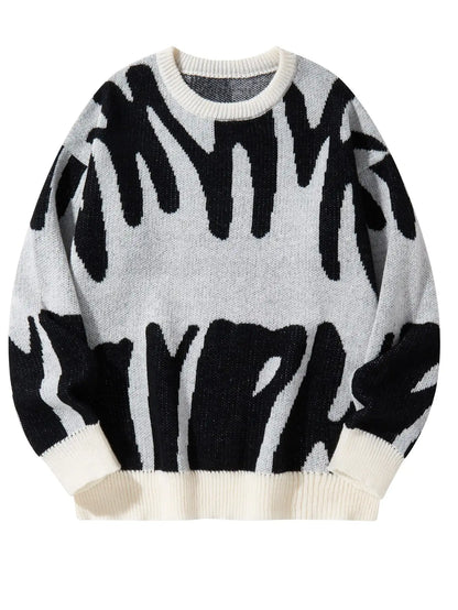 Men's Autumn Winter Jacquard Sweater - Irregular Pattern Contrast Color Round Neck Knitted Casual Pullover