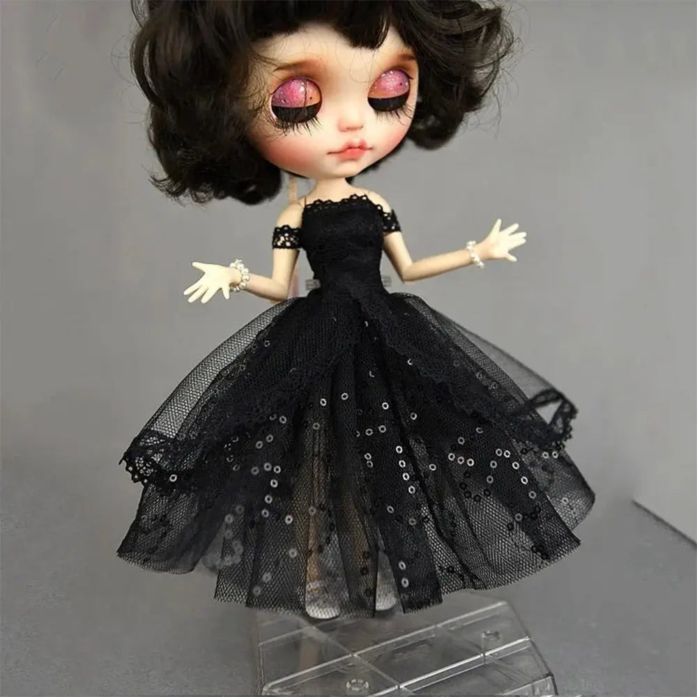 Mini Black Princess Doll Dress – Multilayer Lace Tutu Party Outfit for Blythe & BJD Dolls