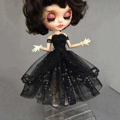 Mini Black Princess Doll Dress – Multilayer Lace Tutu Party Outfit for Blythe & BJD Dolls
