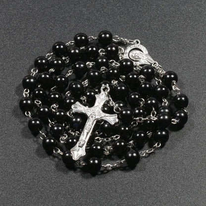 Faux Pearl Rosary Necklace – Virgin Mary & Jesus Cross Pendant Long Bead Chain Religious Fashion Jewelry for Women