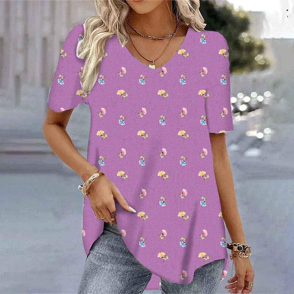 3D Floral Print T-Shirt - Women's Harajuku Casual Loose Fit Summer Crewneck Top