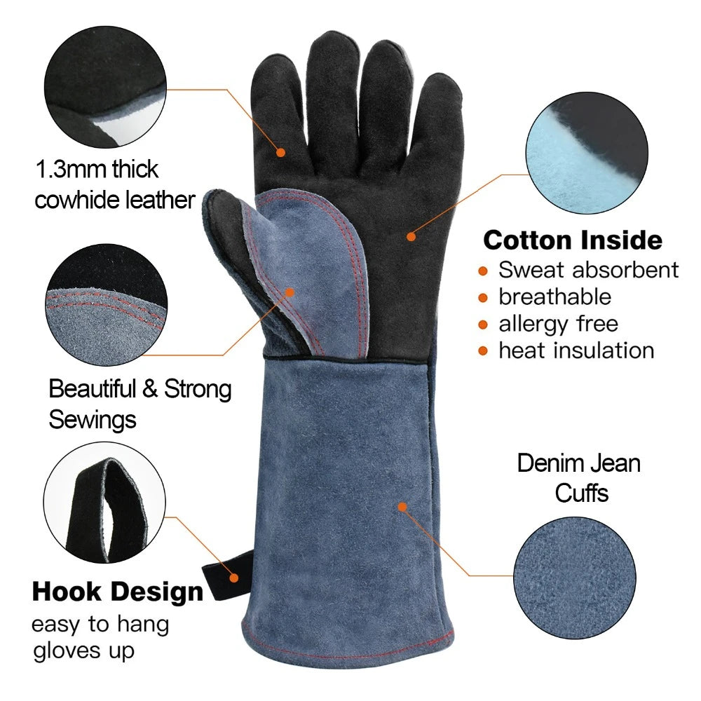16-Inch Heat Resistant Welding Gloves – Thick Cow Split Leather Work Gloves for Welders, BBQ, Grill & Oven Use