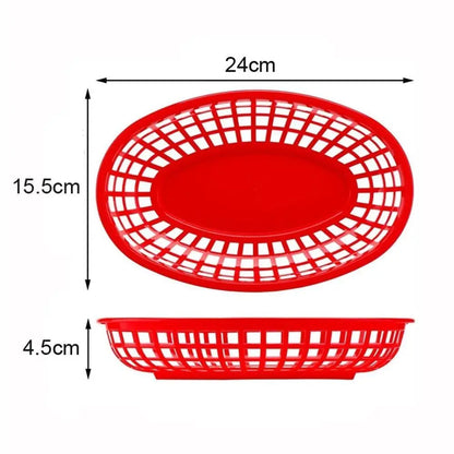Fries Burger Serving Baskets - Colorful Oval Plastic Food Trays for Fast Food, Hot Dogs, Snacks & Reusable Restaurant Service