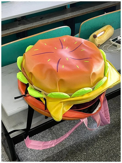 Stylish Hamburger PU Daypack Backpack – Casual Zipper Laptop Bag for Travel, Outdoor, and Unisex Use