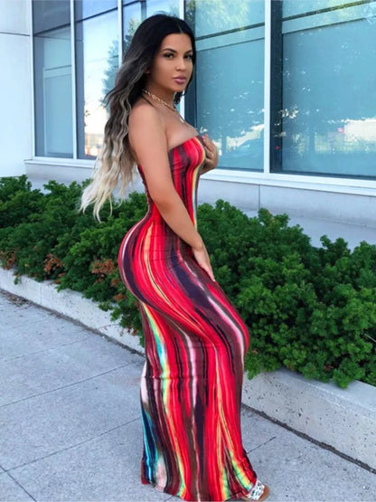 Women’s Off Shoulder Printed Maxi Dress - Slim Fit Bandage Chest Wrap Summer Party Dress