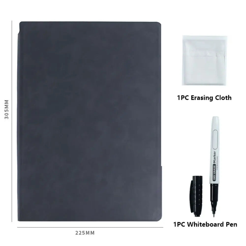 Reusable A4 Whiteboard Notebook - Erasable Leather Memo Pad with Pen & Cleaning Cloth