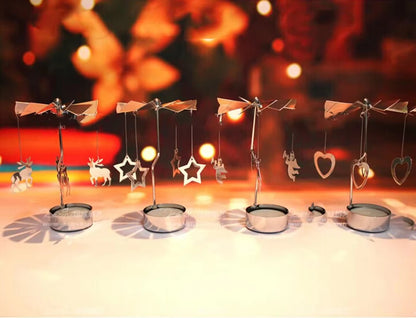 Silver Christmas Rotating Tea Light Candle Holder Carousel – Spinning Holiday Centerpiece Decor