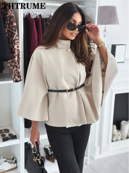 Elegant Autumn Solid Jacket for Women – Single-Breasted Batwing Sleeve, Loose Casual Coat for Office & Chic Look