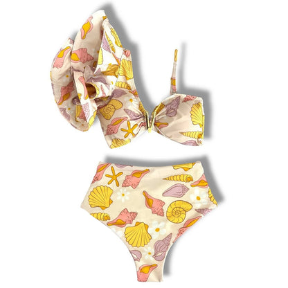 Sporlike V-Neck Ruffled Bikini Set – High Waist Sexy Printed Two-Piece Swimsuit for Women 2025
