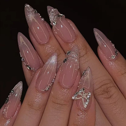 24PCS Pink Almond Press On Nails - Butterfly Ballet French Design Artificial Nail Tips for Stylish Nail Art