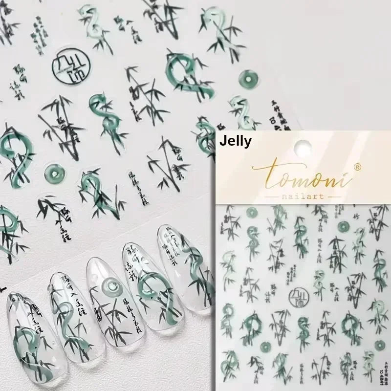 5D Gold Stamped Nail Art Stickers - Silver Sun Stars Snake Chinese Style Self-Adhesive Manicure Decals