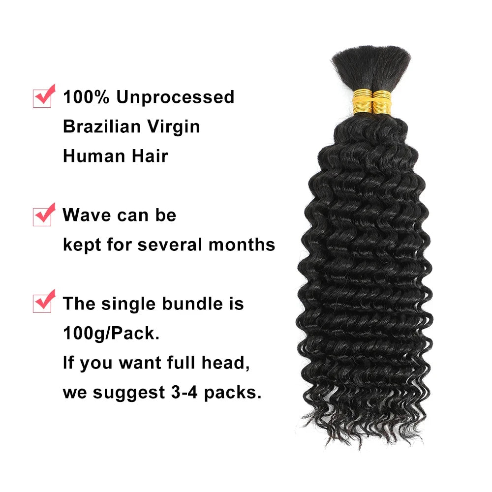 Bulk Braiding Hair - 100% Human Deep Wave Hair, Unprocessed No Weft, Boho Braids, Brazilian Remy Hair Extensions