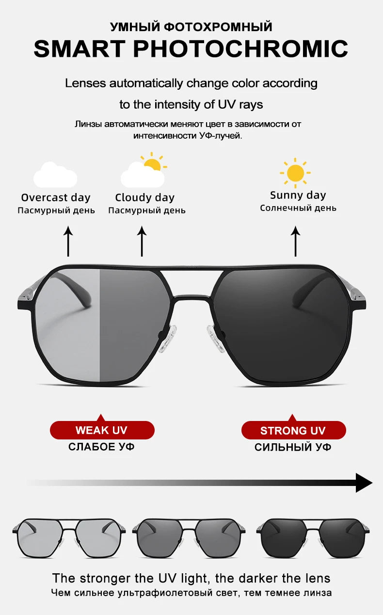 CLLOIO Fashion Aluminum Photochromic Sunglasses – Polarized Chameleon Anti-Glare Driving Glasses for Men & Women