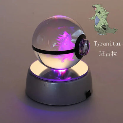 Anime Pokemon 3D Crystal Ball – Snorlax & Charizard Engraved Pokeball Figure with LED Light Base, Kids Gift