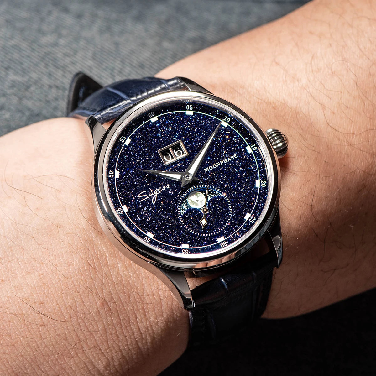 Sugess Moonphase Men’s Automatic Mechanical Watch — 40MM Stainless Steel with Seagull ST2528 Movement and Blue Sandstone Dial