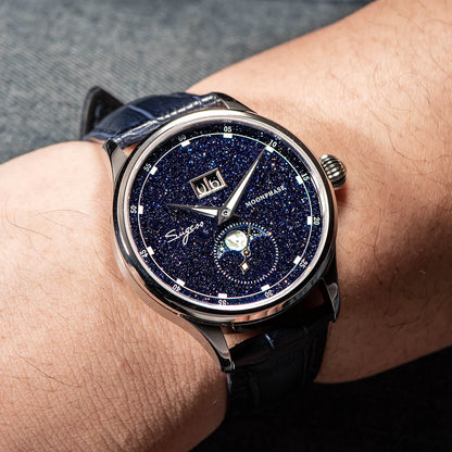 Sugess Moonphase Men’s Automatic Mechanical Watch — 40MM Stainless Steel with Seagull ST2528 Movement and Blue Sandstone Dial