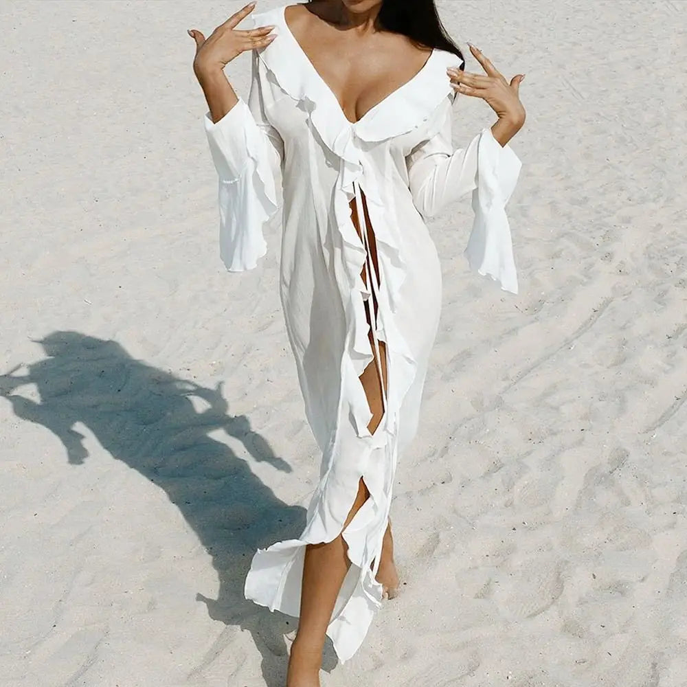 Women’s V-Neck Ruffled Beach Cover Up Dress – Long Sleeve Bikini Sunscreen Smock Vacation Swimsuit Casual Summer Outfit