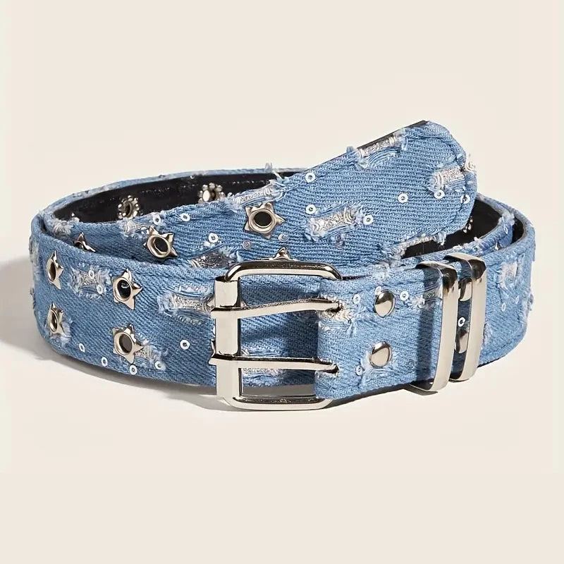 Y2K Punk Star Belt - Black Denim Hip Hop Hollow Buckle Waistband for Men & Women