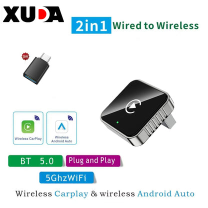 XUDA 2-in-1 Wired & Wireless CarPlay Android Auto Adapter – USB Dongle Smart Mini Box for OEM Car Stereo, Plug & Play Bluetooth