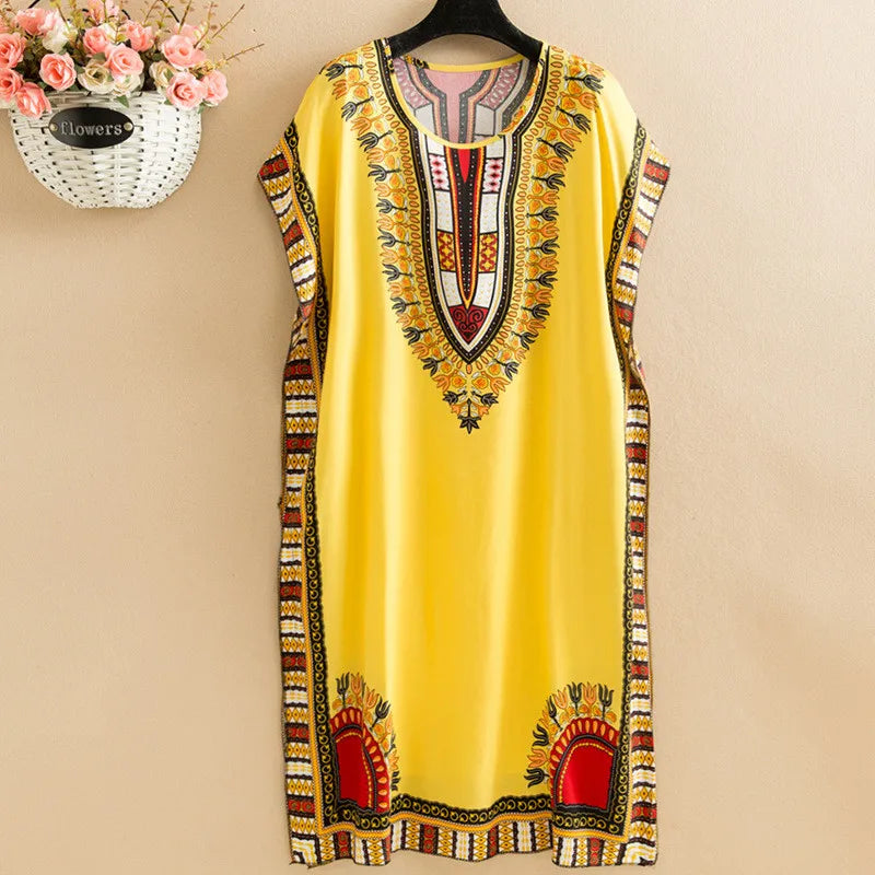Fdfklak Ethnic Style Nightdress - Mid-Length Sleeveless Summer Sleepwear Loose Beach Nightgown for Women