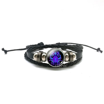 Men’s Zodiac Sign Leather Bracelet | 12 Constellation Black Braided Wrap | Punk Style Multilayer Bracelet for Birthday Gifts