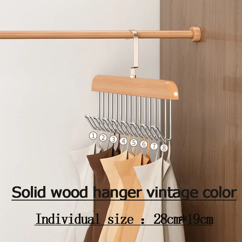 I KNOW 8-Hook Wood Clothes Hanger – High-Quality, Strong, Non-Slip Multi-Function Hanger for Caps, Belts & Household Use