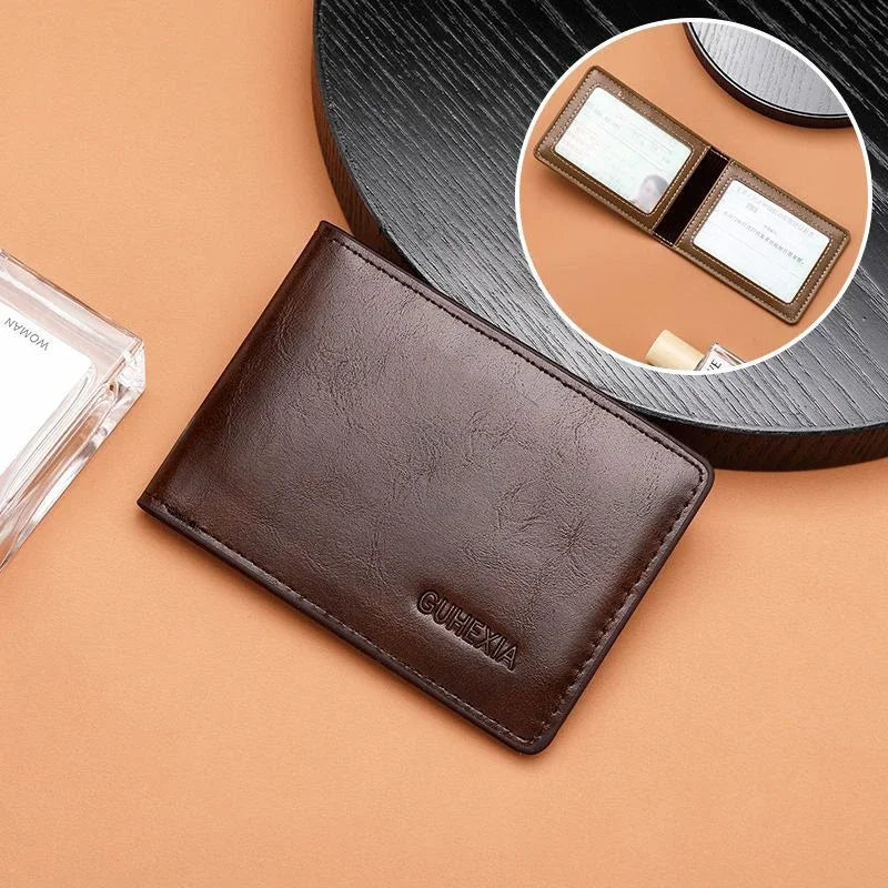 Retro Leather Driver’s License Wallet – Ultra-Thin Men’s ID Card Holder with Coin Purse, Multifunctional Slim Solid Color Short Wallet