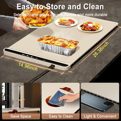 Electric Warming Tray – Foldable Portable Smart Food Warmer Plate with 3 Temperature Settings for Fast Heating