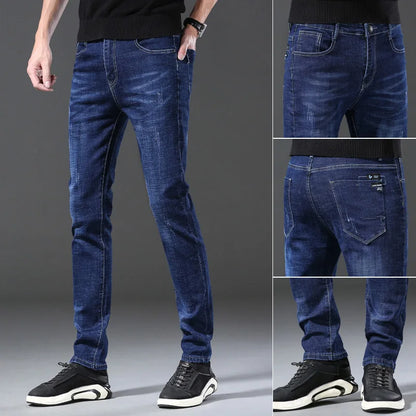 Men’s Casual Comfortable Jeans – Straight Loose Fit High Waist Elastic Trousers for All Seasons & Office Wear
