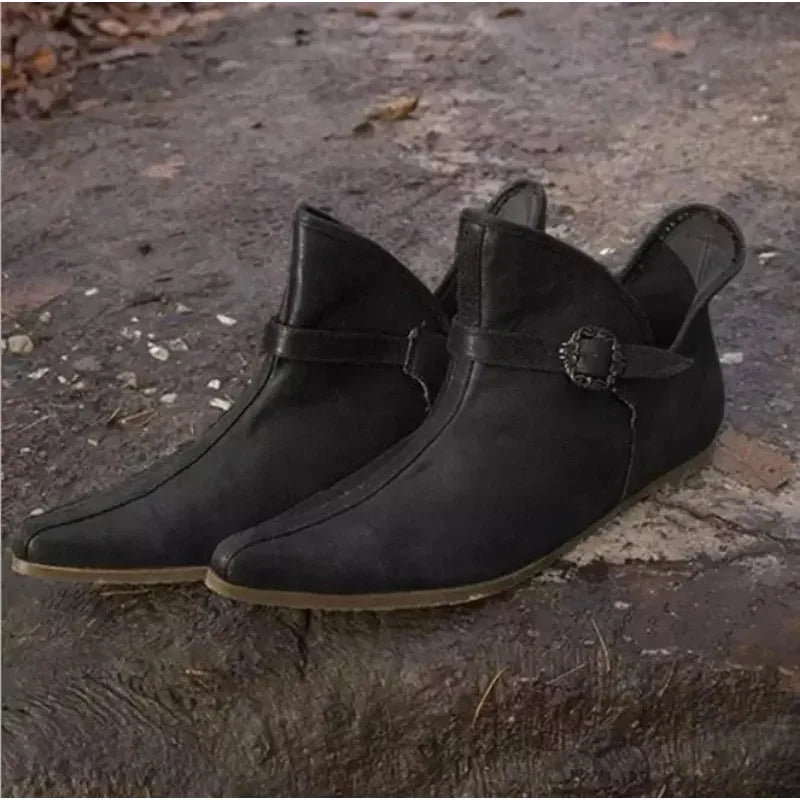 Men’s Renaissance Viking Leather Boots - Vintage Brown Buckle Knight Pirate Cosplay Shoes