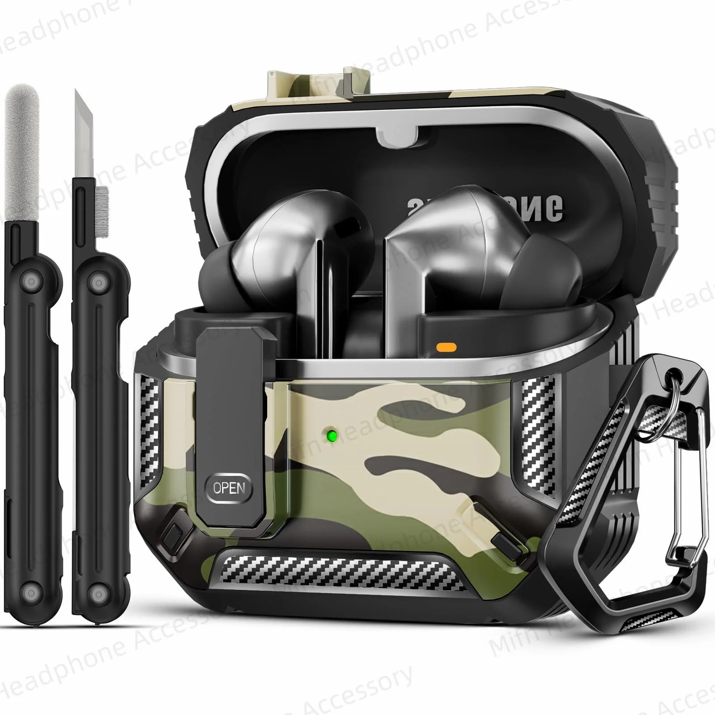 Shockproof Carbon Fiber Camouflage Case for Galaxy Buds 3 Pro – Secure Lock Clip & Cleaning Kit Included – Full Body Protective Cover