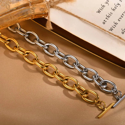 Women’s Chunky Gold Toggle Chain Bracelet – Stainless Steel OT Buckle Link Bracelet, Tarnish-Free Bold Fashion Jewelry