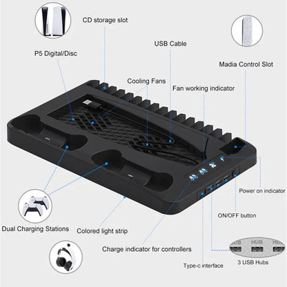 GAMINJA P58 P5 Stand Cooling Station for PlayStation 5 - RGB Light Cooling Fan with Dual Controller Charger, PS5 Gaming Accessories