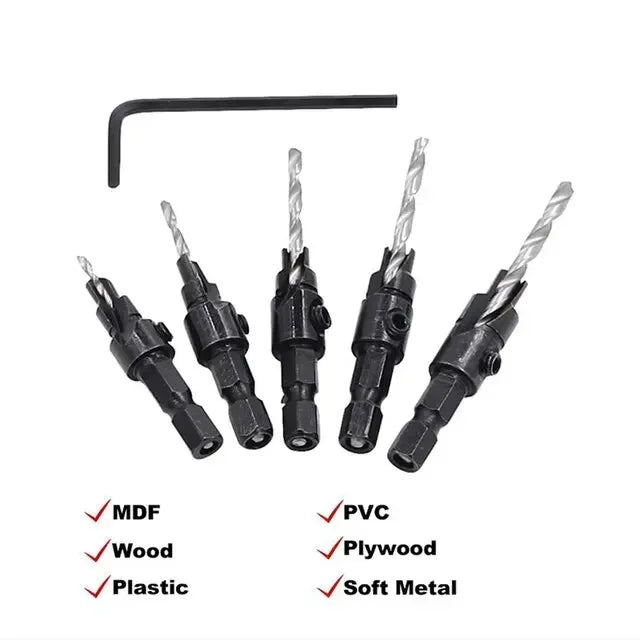 5PCS Woodworking Countersink Drill Bit Set – One-Piece Hex Handle Twist Drill with Chamfering Tool