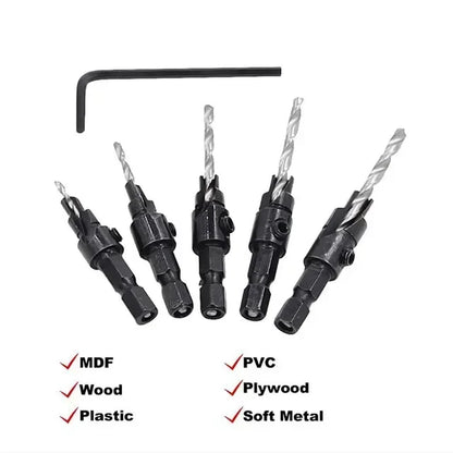 5PCS Woodworking Countersink Drill Bit Set – One-Piece Hex Handle Twist Drill with Chamfering Tool
