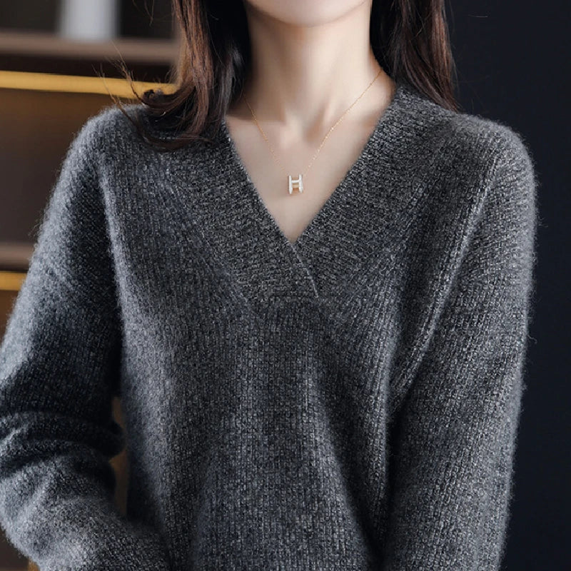 Women’s Knitted V-Neck Sweater – Long Sleeve Solid Pullover Knit Top