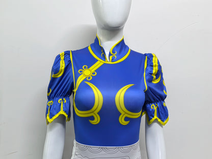Chun-Li Cosplay Costume - Women’s Blue Cheongsam Dress with Headdress & Waistband for Halloween