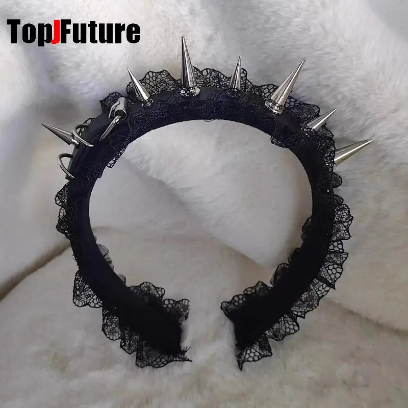 Subculture Y2K Women's Hairband – Harajuku Steampunk Gothic Lolita Punk Black Lace Rivet Pointed Nail Headband Accessory