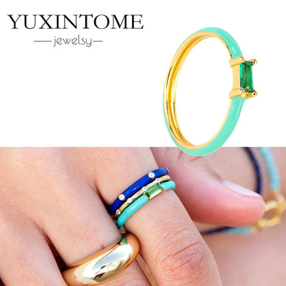 24K Gold-Plated & Silver Enamel Ring – Slim Round Women's Luxury Zircon CZ Ring in Green, Purple, Pink for Wedding & Anniversary