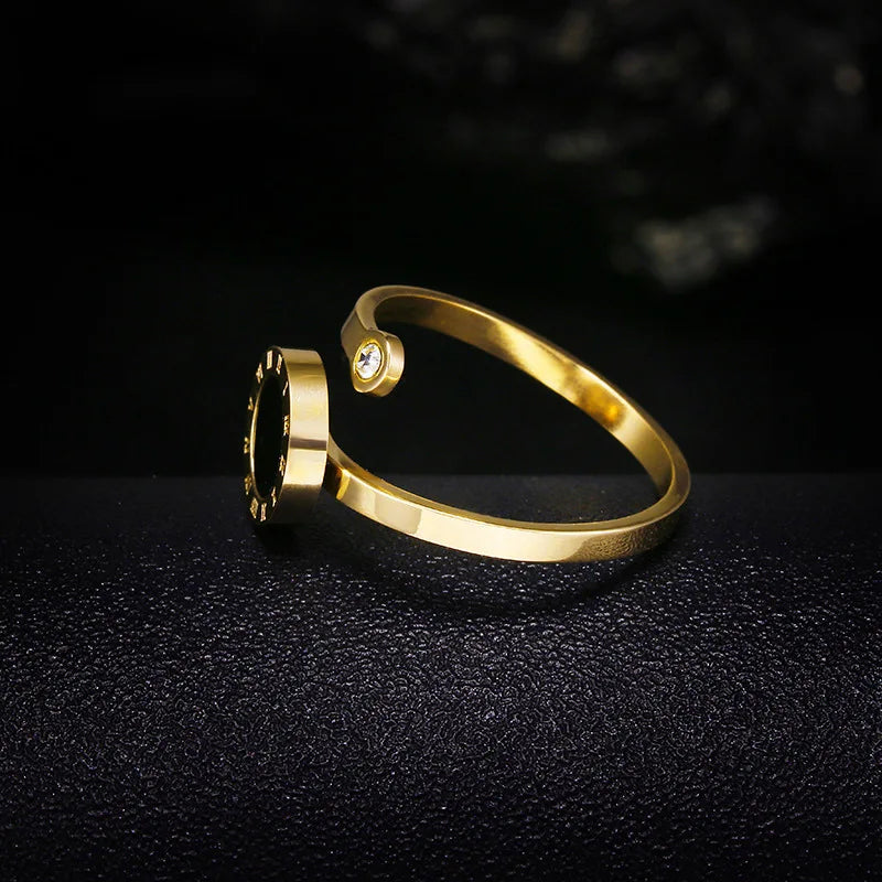 RAKOL 316L Stainless Steel Roman Numeral Ring – Black Shell Adjustable Zircon Tail Ring for Women, Fashion Jewelry