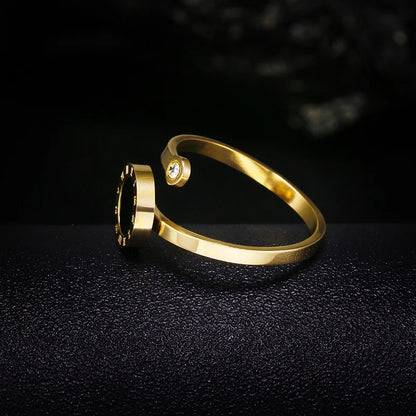 RAKOL 316L Stainless Steel Roman Numeral Ring – Black Shell Adjustable Zircon Tail Ring for Women, Fashion Jewelry
