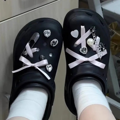 Pink Cute Shoe Charms with Ribbon Bow – Designer Clog Accessories for Girls & Women