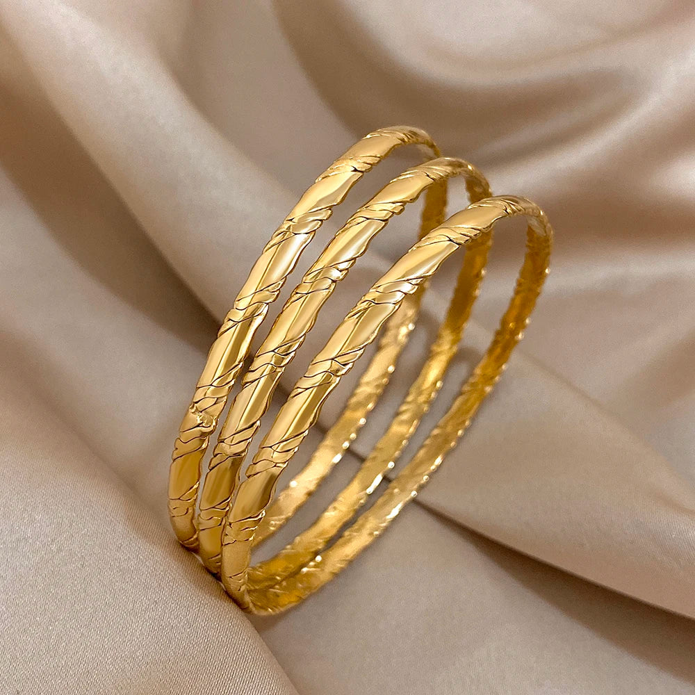 3Pcs Gold Plated Twist Stainless Steel Bangle Bracelet Set for Women – Waterproof Tibetan Buddha Stackable Wrist Jewelry