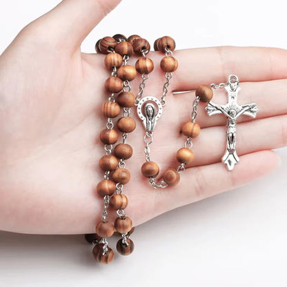 8mm Wood Rosary Beads Necklace – Catholic Jesus Christ Cross Crucifix Pendant Long Chain Religious Jewelry for Men & Women