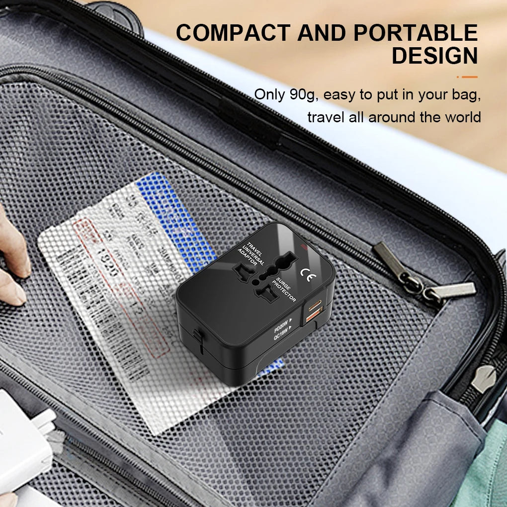 International Travel Adapter with USB-A QC18W & Type-C PD20W Fast Charger – Universal Wall Charger for UK, EU, AU, US Plugs