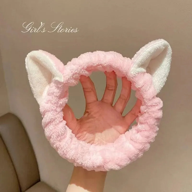 Cat Coral Plush Headband - Soft Cute Hair Bow Band for Face Washing, Makeup and Girls